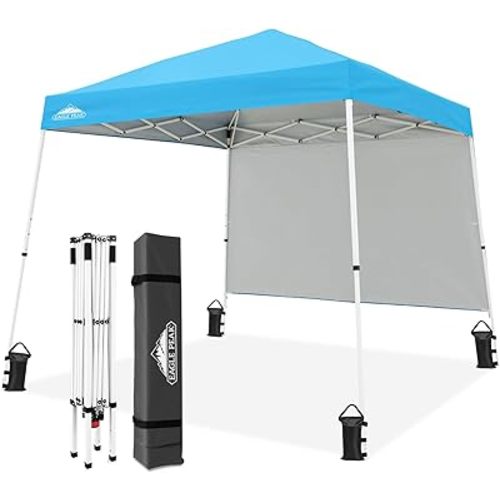 EAGLE PEAK 10x10 Pop Up Canopy Tent with Sidewall, Compact, Portable Slant Leg Instant Sun Shelter for Beach, Sports, & Camping, 10x10 Base 8x8 Top, Light Blue