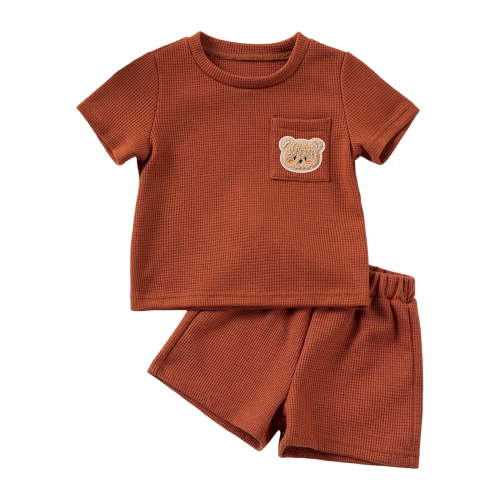 HCNTES Baby Boy Shorts Set Summer Clothes Toddler Bear Embroidery Short Sleeve Lapel T Shirt Shorts Outfit toddler boy outfit sets 2t summer(6-9 Months,Wine)