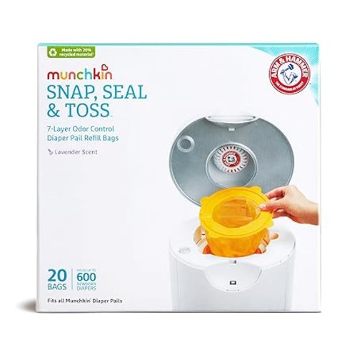 Munchkin® Arm & Hammer Diaper Pail Snap, Seal & Toss™ Refill Bags, Holds up to 600 Newborn Diapers, 20 Pack