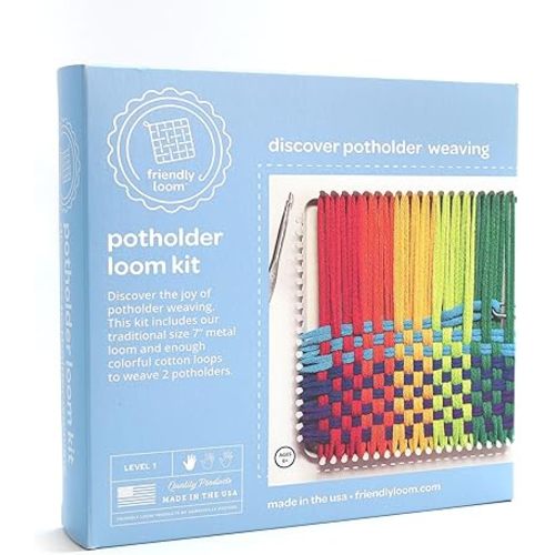 Friendly Loom 7” Traditional Potholder Weaving Kit | Sturdy Metal Loom and Quality Cotton Weaving Loops in Rainbow Colors | Complete Kit to Weave 2 Functional Potholders | Made in the USA