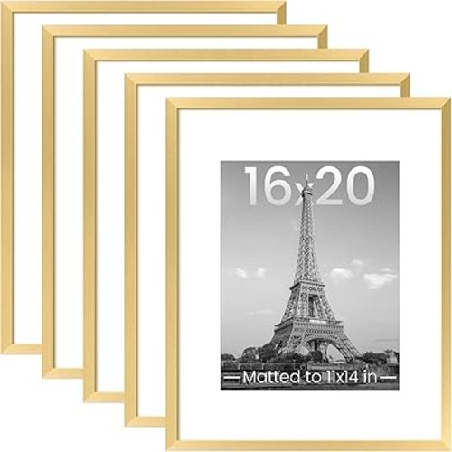 upsimples 16x20 Picture Frame Set of 5, Display Pictures 11x14 with Mat or 16 x 20 Without, Wall Gallery Poster Frames, Gold