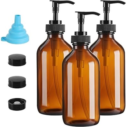 8oz Amber Glass Dispenser Bottles 3-Pack,Refillable Soap Dispenser with Drip-Free Pump,Brown Glass Containers for Kitchen & Bathroom - Dish Soap,Shampoo,Lotion,Conditioner & Body Wash