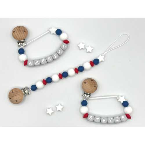 Personalized Pacifier Clip – USA - Red White & Blue – Custom Name Baby Gift – USA Patriotic Baby Accessories – Matching Rattles