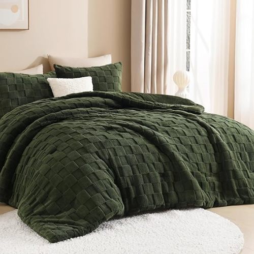 Litanika Fluffy Queen Comforter Olive Green, 3Pcs Warm Fleece Bedding