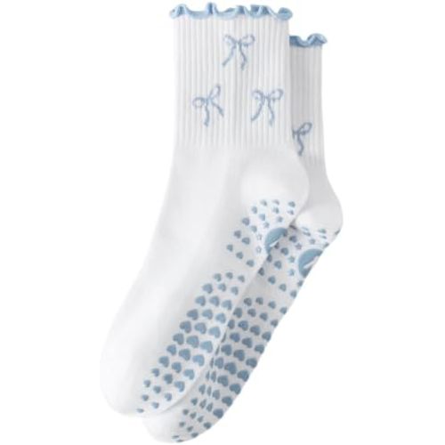 Yawlsow Pilates Grip Socks for Women, Cute Embroidered Yoga Grippy Socks