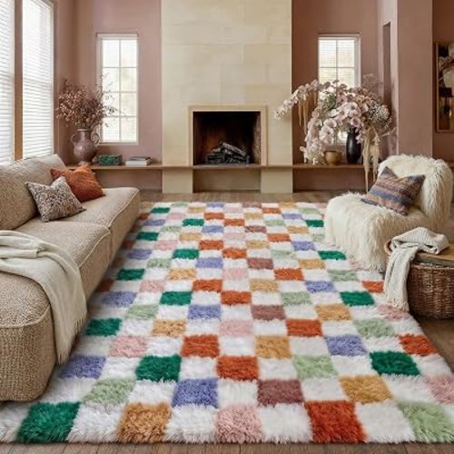 PureCozy Colorful Area Rug 8x10 for Living Room Soft Checkered Shag Carpet