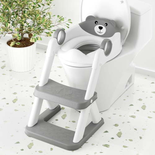 COOSEYA Bear Potty Training Seat, Grey Waterproof Cushion, Adjustable Foldable Toilet Ladder for Kids, 2-in-1 Usage