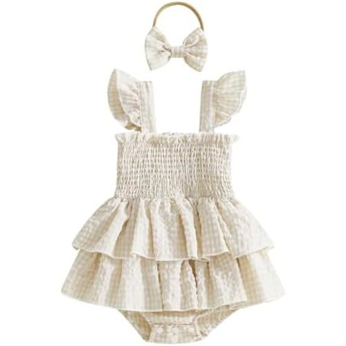 Douhoow Baby Girl Plaid Romper Flying Sleeve Ruffle Baby Dress Romper Infant Girl Summer Clothes with Headband