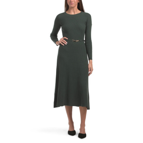 Merino Wool Long Sleeve Crew Neck Logo Belted Ribbed A-line Midi Dress | Midi Dresses | T.J.Maxx