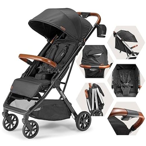 Bombi Bēbee V2 Lightweight Baby Stroller - Premium Vegan Leather, One-Hand Fold, Infinite Recline, Aircraft-Grade Aluminum Frame, XXL Canopy, and Ample Storage Umbrella Stroller - Hunter Green