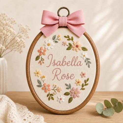 Custom Oval Embroidered Wildflower Nursery Name Sign, Baby Announcement Sign, Name Sign For Nursery, Birth Announcement Sign, New Born Gift