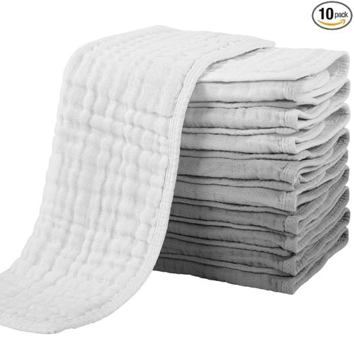 Yoofoss Muslin Burp Cloths for Baby 10 Pack 100% Cotton Baby Washcloths for Boys Girls Large 20''X10'' Super Soft and Absorbent Gradient Grey