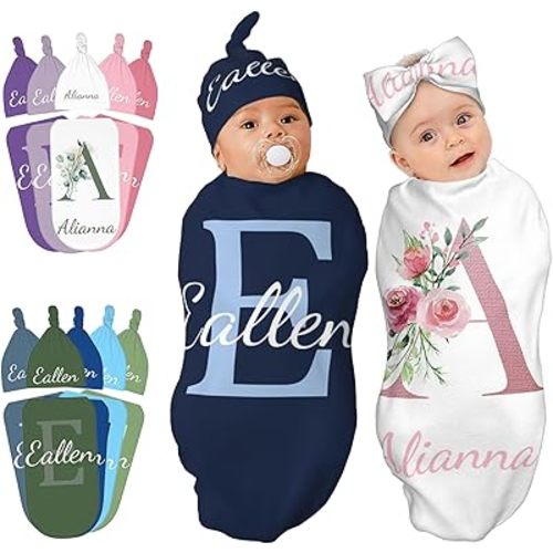 Personalized Baby Blankets & Hat for Boy Girl with Initial Name - Custom Baby Swaddle Blanket Personalized Baby Gifts