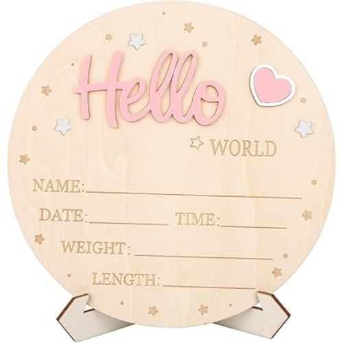 Baby Announcement Sign, Wooden Hello World Newborn Signs Cute Welcome Baby Name Board for Boys Girls Hospital Nursery Birth Decor Photo Props