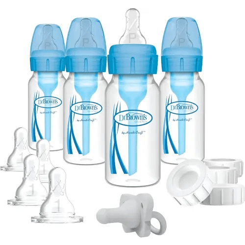 Dr. Brown's Natural Flow Anti-Colic Options+ Narrow Breast to Bottle Pump & Store Feeding Set with Slow Flow Nipples, Baby Travel Caps and 100% Silicone HappyPaci One-Piece Pacifier, Blue