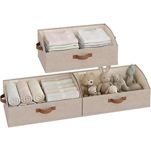 StorageWorks Closet Organizers and Storage, Trapezoid Storage Bins, Fabric Clothes Closet Bins, Storage Baskets for Shelves, Clothing, Toys, Towels, Large, Brown and Beige, 3-Pack