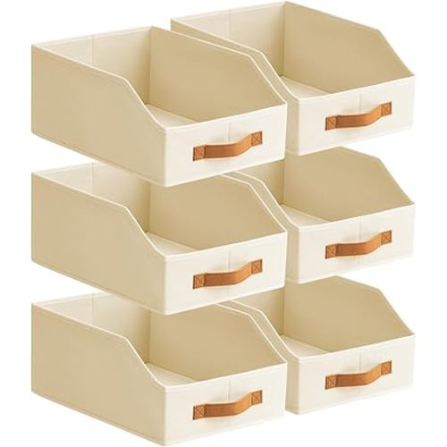 Fabric Storage Bins for Organizing - 6 Pack Large Trapezoid Collapsible Storage Bins with Front Handle, Closet Organizers and Storage for Bedroom, Home Shelves, Small Spaces, Beige