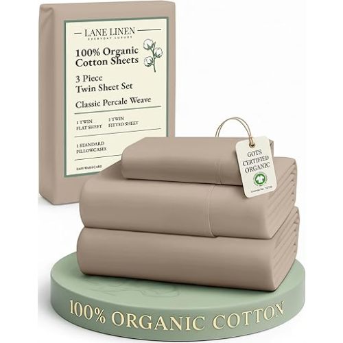 LANE LINEN 100% Organic Cotton Sheets Set Pure Long- Staple Percale Weave - Bedding for Bed Fits Mattress Upto 15in Deep Pocket (Twin Taupe)