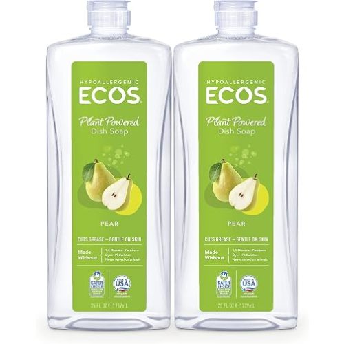 ECOS Dish Soap - Cuts Grease & Food Residue - No Harsh Chemicals - Hypoallergenic for Sensitive Skin - Biodegradable Formula, Recyclable Sustainable Liquid Dishwashing Soap - Natural Pear (Pack of 2)