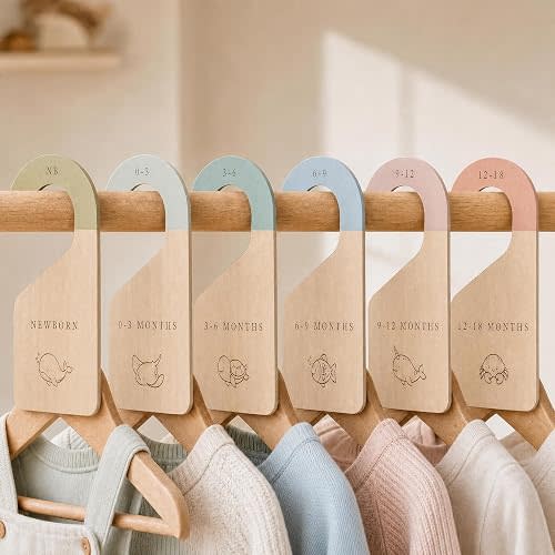 Beautiful Wooden Baby Closet Dividers Set of 7 - Double-Sided Organizer for Newborn to 24 Months Size Clothes - Adorable Nursery Decor Hanger Dividers Easily Organize Your Little Girls or Boys Room