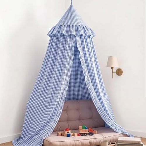 SmoothNovelty Gingham Plaid Bed Canopy, Blue White, Round
