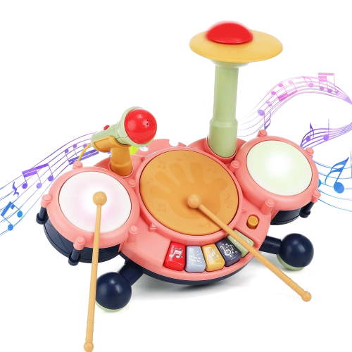JUGAAD LIFE Drum Set for Toddler Kids, Baby Drum Set Toys Gift for 1 2 3 Year Old, Musical Instruments Learning Toys with 2 Drumsticks and Microphone (Pink)