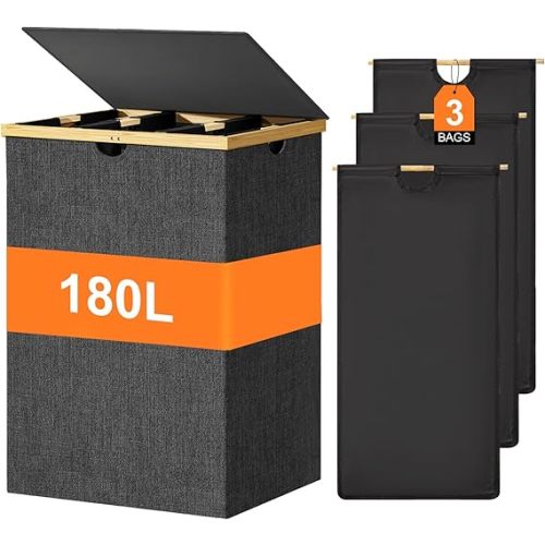 WOWLIVE 180L Laundry Hamper 3 Section, Bamboo Laundry Basket with lid, Extra Large Dirty Clothes Hamper with Removable Bags, Laundry Bin Organizer Storage for Dorm Bedroom Bathroom, Black
