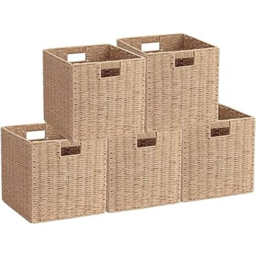5Pcs Woven Shelf Baskets, 10.5'' Paper Rope Handmade Open Storage Bins, Light Brown Pantry Baskets Organization Basket Foldable Storage Bins for Bedroom, Cubby Cubes Wicker Basket with Handles