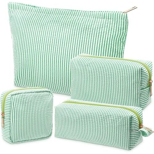 Sanwuta 4 Pcs Seersucker Pouch Cosmetic Bag Set Seersucker Makeup Bag Women Stripe Large Travel Toiletry Organizer Aesthetic Preppy Storage for Embroidery Women Bridesmaid Gifts(Green)