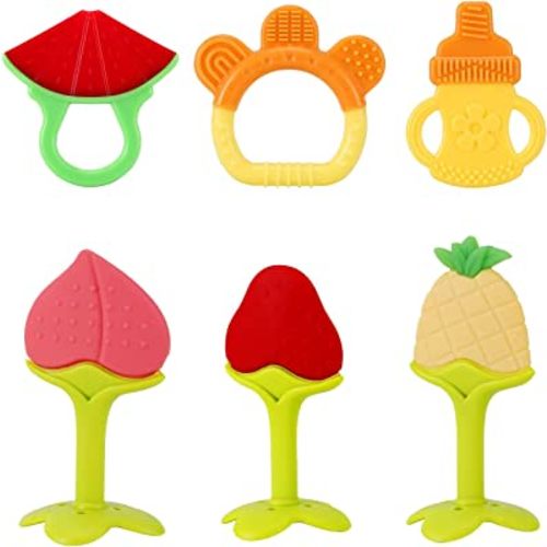 NASHRIO Baby Teething Toys Pack of 6 - Silicone BPA Free Natural Organic Freezer Safe Teethers for Newborn Infant, Soft & Textured - Babies Shower Gift