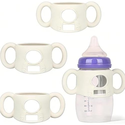 3 Pack Silicone Handles Compatible with Lansinoh Anti-Colic 5 OZ & 8 OZ PP Bottles, Soft Easy-Grip Handles Help Babies Hold Bottles Independently, BPA Free, Dishwasher Safe, White