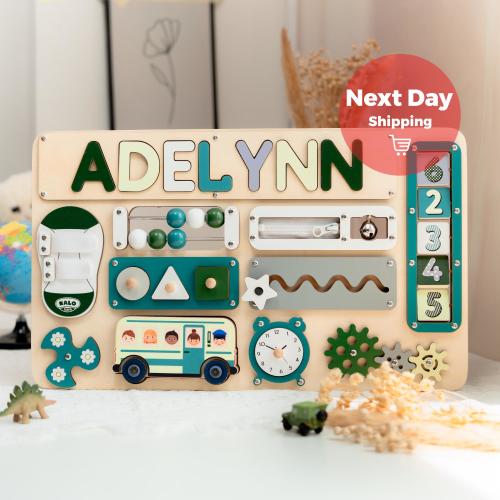 Personalized Busy Board, Montessori Sensory Toy for Baby, Name Puzzle Gift for Boy Girl, 2 year old boy gifts, Activity Board For Toddlers