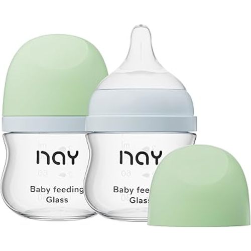 Natural Glass Baby Bottle Wide Neck, Newborn Anti-Colic Baby Bottle, Clear, 3oz(Pack of 2), Includes 2Pcs Slow Flow Nipple(SS), 0 Months+