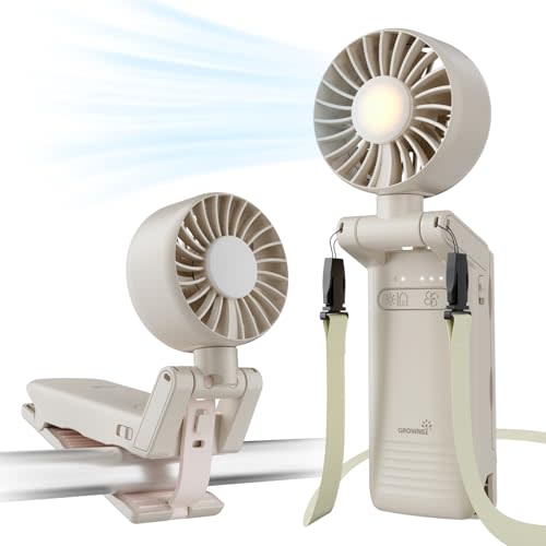 GROWNSY 4-in-1 Portable Baby Stroller Fan with Clip & Night Light, Beige | Foldable & Rechargeable, 4 Adjustable Wind Speed for Handheld/Car Seat/Carrier/Beach/Travel/Crib/Camping