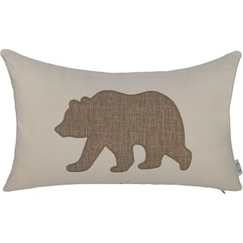 Lumbar Pillow Covers 12x20 Inches Bear Decorative Cotton Linen Throw Lumbar Waist Embroidered Cushions Covers for Couch Sofa Bedroom (Khaki)
