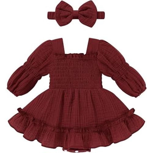 Happy Town Cute Baby Girl Clothes Toddler Long Sleeve Romper Dress Outfits | Soft Cotton Fabric, Fall Infant Smocked Clothing, Bubble Jumpsuit with Headband, Winter Bodysuit, 0-24 Months