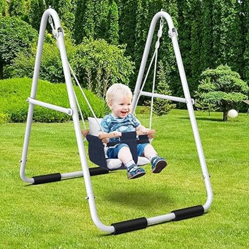 Hapfan Toddler Swing with Stand, Heavy Duty Baby Indoor Outdoor Swing Set with Safety Harness, Foldable Metal Frame, 55lbs Capacity