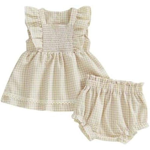 Seyurigaoka Smocked Baby Girl Clothes Gingham Ruffle Sleeveless Hem Top Bloomer Shorts Clothing Sets Summer Outfit