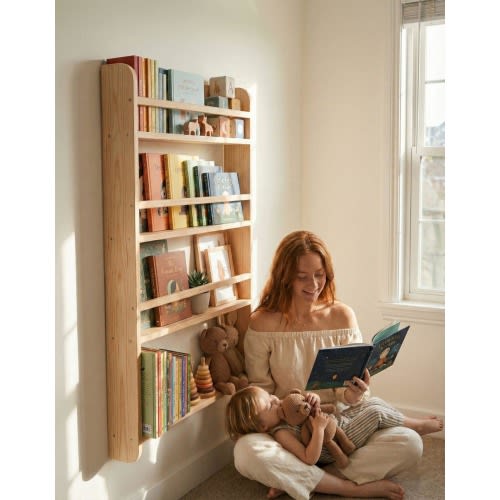 Dark Oak, Solid Pine Montessori Bookshelf, Wall Mounted Nursery Shelf, Toddler Room Decor