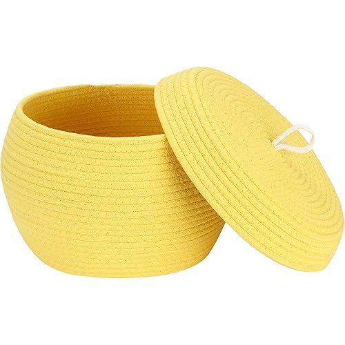 Sea Team Round Cotton Rope Storage Basket with Lid, Decorative Woven Storage Bin, Pot, Caddy, Organizer, Container for Snacks, Towels, Plants, 13 x 9 Inches (Large, Yellow)