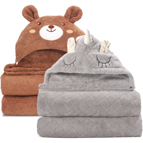Toddler Towels for Boy 1-5,2 Pack 50" x 32" Baby Hooded Towel Boys, Ultra Thick and Soft Absorbent for Kids Cozy and Warm,Bath Essential for Newborn, Infant, Brown Bear& Gray Unicorn