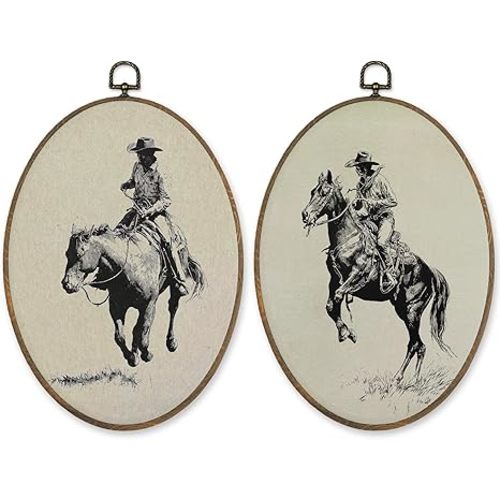 LKETW Vintage Western Cowboy Oval Wall Art Decor, Farmhouse Western Oval Canvas Hanging Decor, Retro Southwestern Country Rodeo Wall Decorations for Home Living Room Bedroom, 8.6x11.4 Inch Set of 2
