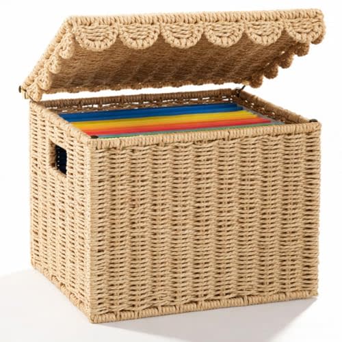 Jingmore File Organizer Box with Scalloped Lid, Paper Rope, Brown | Collapsible Storage Box Letter Hanging Filing Organizer Basket for Office/home, Wicker Decorative Document School Memory Box