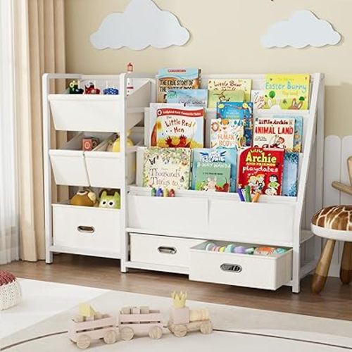 KIDINIX 3 Tier Kids Bookshelf and Toy Storage - Sling Book Shelf with Toy Organizer, Montessori Toddler Bookcase with 6 Toy Bins, for Playroom, Children Room, Nursery, Classroom, White