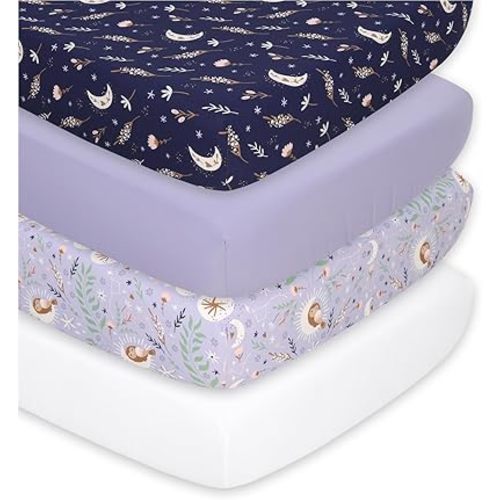 The Peanutshell 4-Pack Fitted Crib Sheet Set - Super Soft & Breathable Baby Girl Crib Sheets, Nursery Decor, Fit for Standard Mattress Cover- Lunar Love