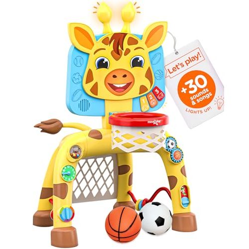 Move2Play, Giraffe Basketball Hoop & Soccer Goal Activity Center | 30+ Sounds & Songs + 5 Lights | 1 2 3 Year Old Birthday Gift for Boys and Girls | Toy for Baby & Toddlers (Yellow)