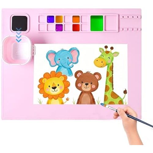 AWOKE Silicone Painting Mat | 20"x16" No-Spill Art Matt for Resin DIY, Beading, with Magnetic Water Cup, 12 Paint Wells & Palettes | Washable Table Protector for Toddlers & Kids Gift (Pink)