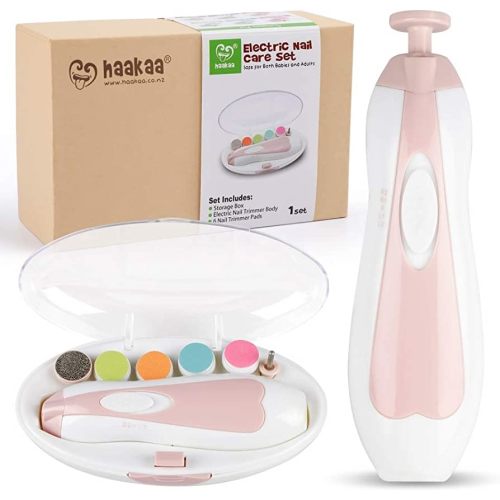 haakaa Baby Nail Trimmer Electric Safe Baby Nail Clippers Baby Nail File Kit Manicure Set, Trim Polish Grooming kit for Newborn Toddler or Adults Toes Fingernails, 6 Grinding Heads and LED Light, Pink