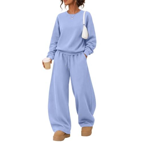 Huukeay Women Sweat Sets 2 Piece Outfits | Lounge Sweatsuits, Outfit for Travel Airport, Crewneck Sweatshirt Barrel Pant Set, Loose Fall Clothes, Lightweight Sweat Suit