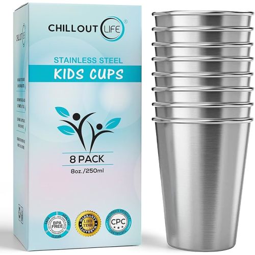 Stainless Steel Kids Cups 8 oz - Stainless Steel Small Children Cups for Home & Outdoor Activities, BPA Free Unbreakable Premium Stackable Metal Drinking Glasses (4-Pack) - Rainbow Colorful Finish